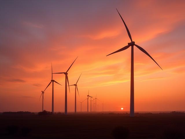 Parque eólico costeiro com turbinas em harmonia com a paisagem, sob pôr do sol