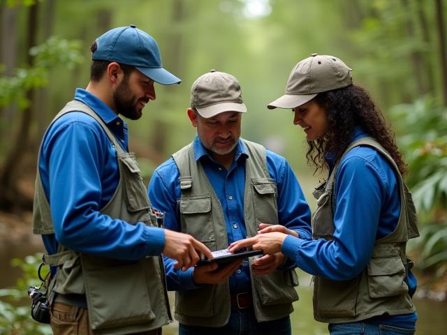 Equipe de consultores ambientais analisando dados de impacto ambiental em campo.