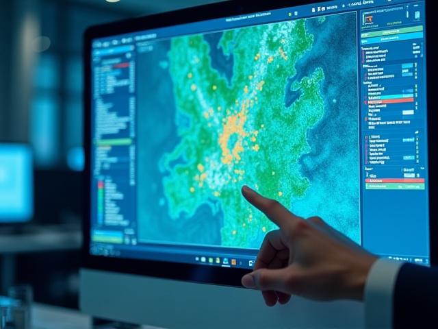 Imagens de satélite e dados GIS em uma tela de computador mostrando mapeamento ambiental.
