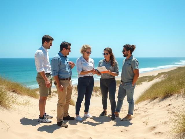 Equipe Duna Cristal discutindo projetos de estabilização de dunas em uma paisagem costeira brasileira